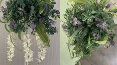 two pictures of flowers and greenery hanging from the ceiling