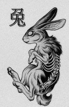 a drawing of a rabbit sitting on its hind legs with chinese characters in the background