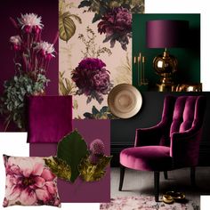 a collage of purple and green color scheme with flowers on the wall, chair, lamp, vase