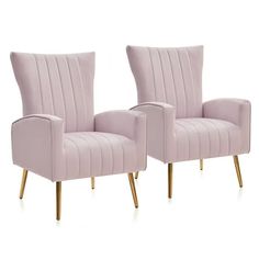 pair of pink velvet chairs with gold legs