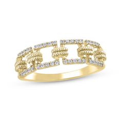 Add dimension and sparkle to your look with this on-trend diamond ring. Crafted in 10K yellow gold, the design shimmers with a quartet of square links—lined top and bottom with round-cut diamonds—bound with rope-textured connectors. Certain to be a fast favorite, this ring has a total diamond weight of 1/5 carat. Anniversary Gold Chain Link Ring, Yellow Gold Link Chain Ring, Yellow Gold Chain Link Ring With Cable Chain Detail, Gold Chain Link Diamond Rings, Yellow Gold Cubic Zirconia Rings, Fine Jewelry, Rope Texture, Texture Jewelry, Rope Ring, Bvlgari Jewelry