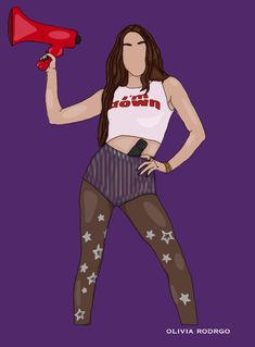 a drawing of a woman holding a megaphone and wearing tights with stars on them