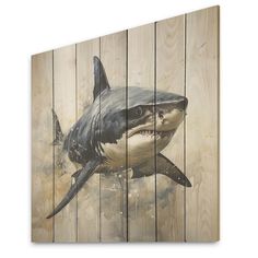 a painting of a great white shark on wood planks