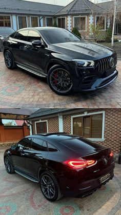 two different cars parked next to each other in front of a brick house and driveway