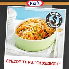 there is a bowl of food with noodles in it and the words speed tuna casserole