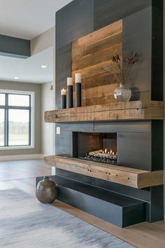 a living room with a fire place in the center and candles on the shelves above it