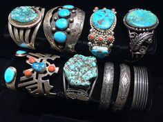 "- This listing is just for the one cuff that appears alone in the pictures... The others are also available in my shop in the section titled \"Fine Jewelry\". Please have a look... 1960's Navajo \"shadow box\" cuff, old vintage Native American Indian made sterling silver & turquoise multi stone cuff... with traditional silver stamp work, 2 raised leaves, 4 highly saturated pieces of blue turquoise... sculptural cuff tapers in & then back out... 5.25\" interior circumference plus 1.5\" g Bright Summer Acrylic Nails, Vintage Turquoise Jewelry, Turquoise Jewelry Native American, American Indian Jewelry, Santa Fe Nm, Turquoise Cuff, Vintage Turquoise, Sterling Silver Cuff, Old Vintage