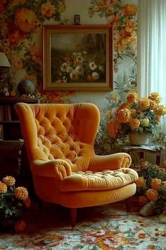 an orange chair sitting in front of a window next to a vase with flowers on it