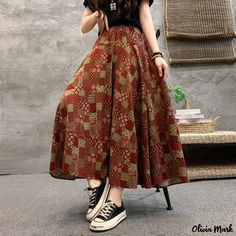 Olivia Mark - Vintage Floral Linen Blend High Waist Midi Skirt with Printed Flared Hem High Waist Midi Skirt, High Waist Long Skirt, Body Skirt, Flowy Design, Skirts Midi High Waisted, Half Skirt, Printed Midi Skirt, Slip Skirt, Denim Midi Skirt