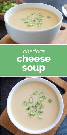 two bowls of cheesy soup on a cutting board with spoons and green onions