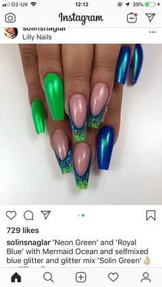 Blue Green Sparkle Nails, Mermaid Nails Blue Green, Neon Green And Teal Nails, Seahawks Nails Design Blue Green, Royal Blue And Lime Green Nails, Royal Blue And Green Nails, Green Sparkling Nails, Navy Blue And Green Nails, Seahawk Nails Design