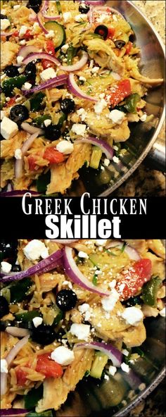 greek chicken skillet with onions, olives and feta cheese