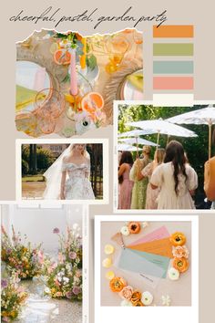 a collage of photos with flowers, candles and other things in them that include oranges, pinks, yellows, and green