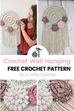 the crochet wall hanging is made from yarn and has pink flowers on it