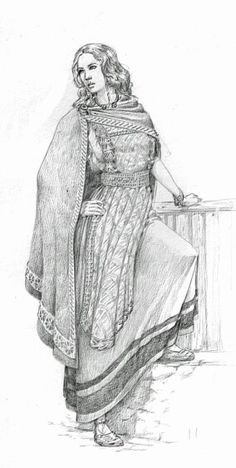 a pencil drawing of a woman sitting at a table with her hand on the railing