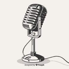 an old fashioned microphone on a stand with a cord in front of it and the word,