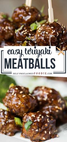 easy teriyaki meatballs with sesame seeds on skewers