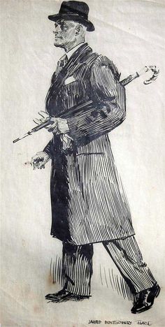 a drawing of a man in a top hat and cane holding a stick with both hands