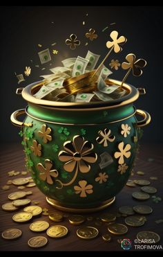 a green pot filled with gold coins and money flying out of it's top