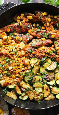 Garlic Butter Chicken with Zucchini and Corn - in a skillet. Dishes That Last A Week, Family Weekday Dinner Ideas, Low Calorie High Protein Summer Meals, Dinner Ideas For Hosting Friends, Healthy Birthday Dinner, Chicken With Zucchini, Potato Bake, Chicken Zucchini, Garlic Butter Chicken