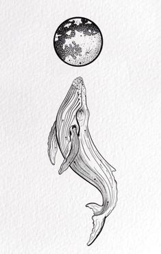 an ink drawing of a whale with the moon above it's head, floating in the air