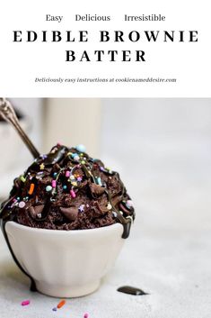 a scoop of edible brownie batter with sprinkles in a white bowl