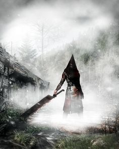 a man with a long wooden stick in his hand is walking through the foggy woods