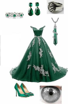 a green dress with white flowers on the skirt and matching shoes is featured in this image