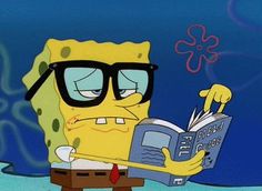 spongebob reading a book while wearing glasses