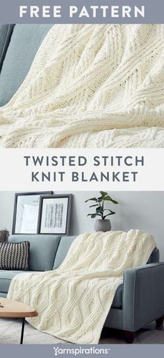 the finished knitted blanket is shown with text overlay that reads, twisted stitch knit blanket