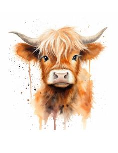 a watercolor painting of a brown cow with long hair and big horns on it's head