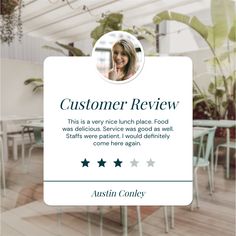 the customer review sign is posted in front of an indoor dining area with tables and chairs