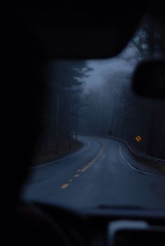 a car driving down a road at night with fog in the air and trees on both sides