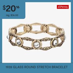 Engraved silver-toned bangles are dotted with large clear crystals all around. A lovely vintage-inspired piece with a modern twist. From our 1928 Collection.Bead Type: GlassFeatures: StretchCircumference: 7 InchShape: RoundMetal Color: Gold ToneCare: Wipe CleanStone Type: 9 GlassBracelet Type: Stretch BraceletsMetal: AlloyCountry of Origin: Imported Affordable Vintage Women's Stretch Bracelet, Vintage Gold Stretch Bracelet With Round Beads, Vintage Filigree Round Bracelets, Nickel-free Bohemian Sterling Silver Bracelet With Round Beads, Bohemian Brown Beaded Nickel-free Bracelets, Silver Engraving, Clear Crystals, Stretch Bracelet, Stretch Bracelets