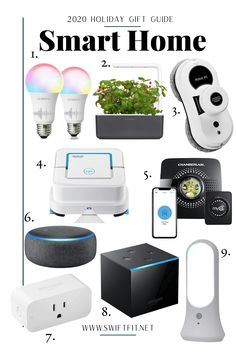 the smart home christmas gift guide is shown with various items including an electronic device, and other