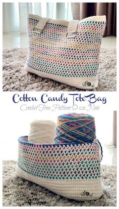 crochet bag made with cotton and yarn is shown in two different photos, one has