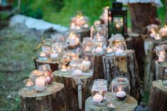 many lit candles are placed on wooden logs