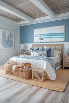 a bed room with a neatly made bed and baskets on the floor next to it