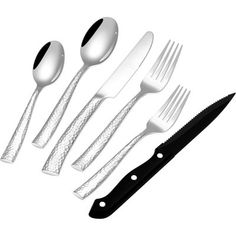 a set of five forks, spoons and knives on a white background with black handles