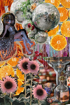 a collage of oranges, flowers and disco balls with a woman in the middle