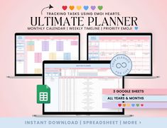 the ultimate printable planner for every day is on display in front of three computer screens