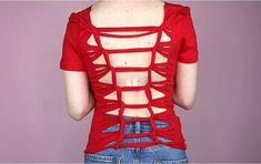 the back of a woman's red shirt with cut outs