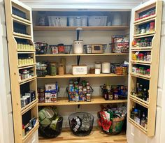 an organized pantry with lots of food in baskets and containers on the shelves, along with other items