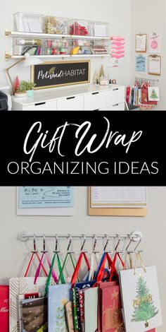 an organized closet with hanging cards and other items