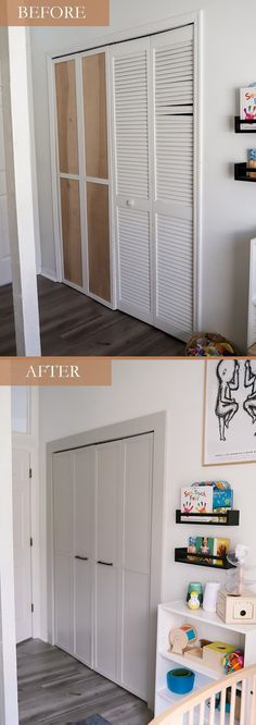 before and after photos of a white painted bedroom with closets, bookshelves, and baby's crib