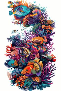 an underwater scene with fish and corals on the bottom half of it, in bright colors