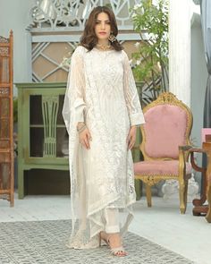 Embroidered White Long Salwar Kameez Pakistani Dresses Salwar Kamiz, Pakistani Salwar Kameez, Organza Dupatta, Net Dupatta, Georgette Fabric, Salwar Suit, Embellished Dress, Pakistani Fashion, Designer Suits