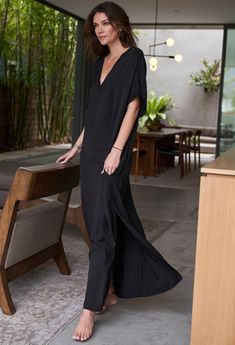 Eco-Friendly UPCYCLED Black Cupro V-Neck Long Caftan | ocean+main Classic Edgy Outfits, Cupro Dress, Women's Summer Dresses, Flamboyant Natural, Cupro Fabric, Greek Isles, Cotton Tunic, Gauze Dress, By The Ocean