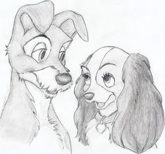 the lady and the tramp are drawn in pencil