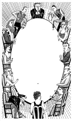 an old black and white drawing of people sitting around a round table